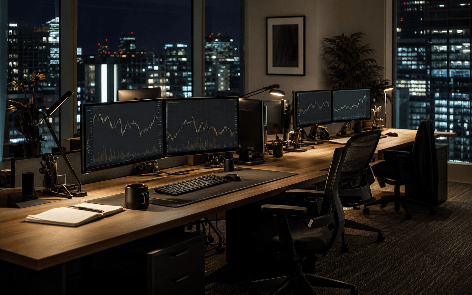 Small quantitative trading startup office after hours