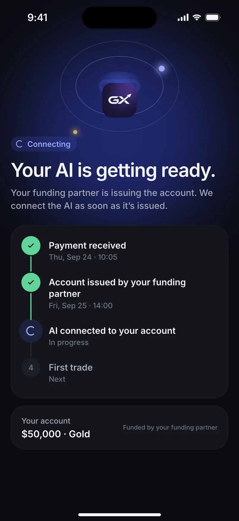 GemiFX app while the AI is connected: payment, account issued, AI connecting, first trade