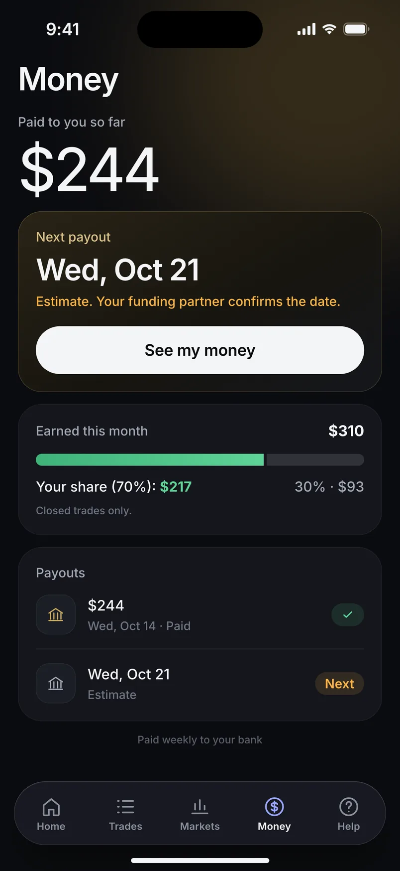 GemiFX app money screen: next payout and payout history (example data)