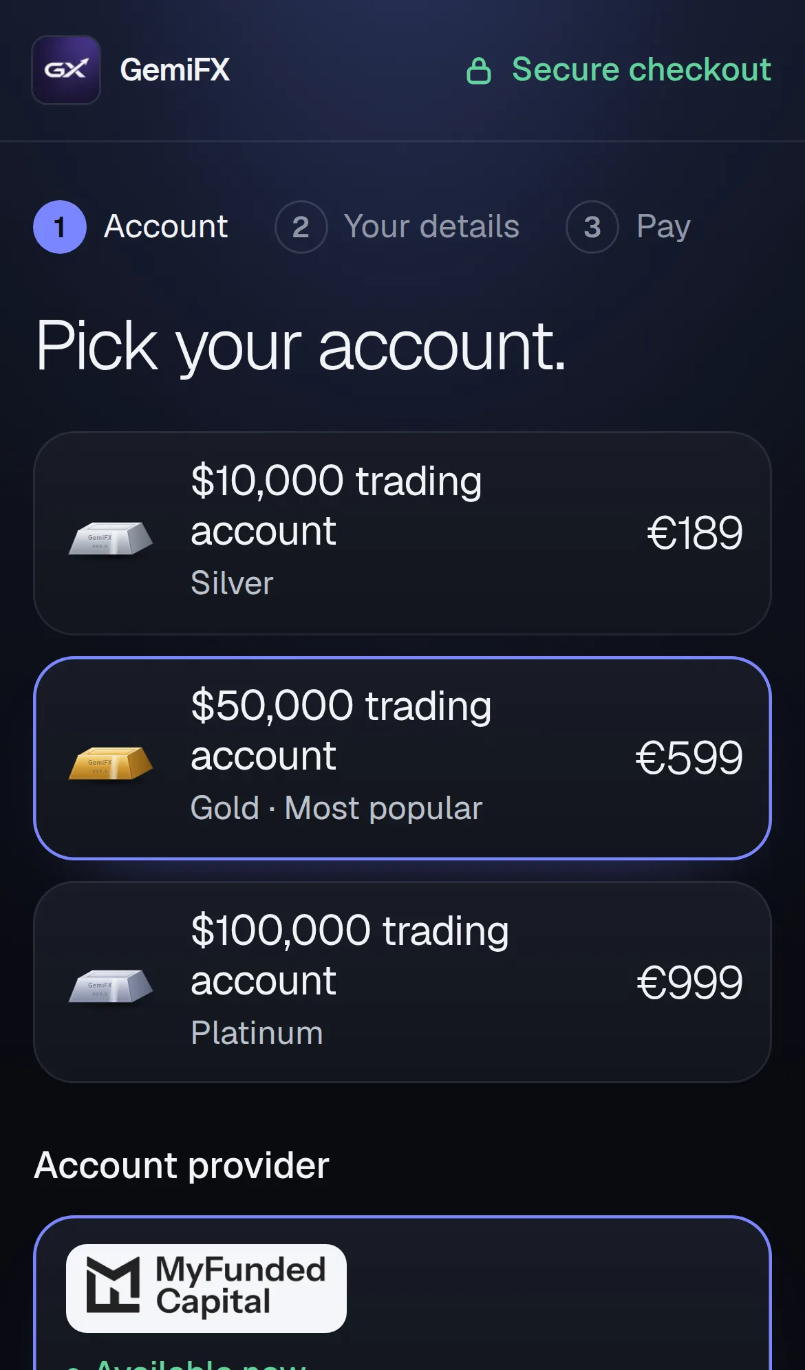 The GemiFX checkout, step 1: choose a $10,000, $50,000 or $100,000 trading account