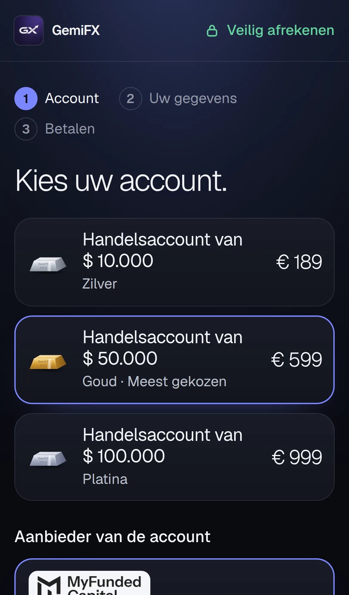De GemiFX-kassa, stap 1: kies een handelsaccount van $ 10.000, $ 50.000 of $ 100.000